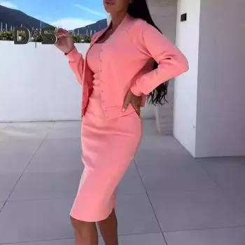 2 шт./комплект женский пальто платье комплект однобортный круглый вырез длинный рукав жакет облегающее платье-комбинация осеннее платье миди жакет комплект OL коммутационный офис S чёрный