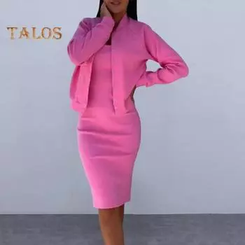 2 шт./комплект женский пальто платье комплект однобортный круглый вырез длинный рукав жакет облегающее платье-комбинация осеннее платье миди жакет комплект OL коммутационный офис S чёрный