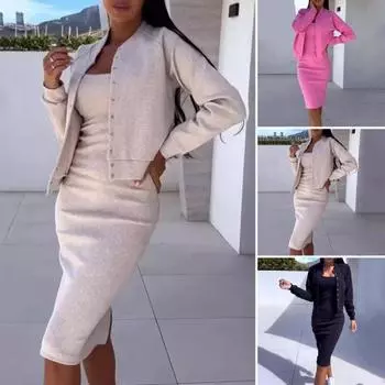 2 шт./комплект женский пальто платье комплект однобортный воротник стойка длинный рукав куртка облегающее платье-комбинация осеннее платье миди комплект с пиджаком M чёрный