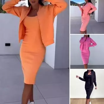 2 шт./комплект женский пальто платье комплект однобортный круглый вырез длинный рукав куртка облегающее платье-комбинация осеннее платье миди комплект куртка OL коммутационная одежда M розовый