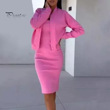 2 шт./комплект женский пальто платье комплект однобортный воротник стойка длинный рукав куртка облегающее платье-комбинация осеннее платье миди комплект с пиджаком OL езда на работу офис L розы красного