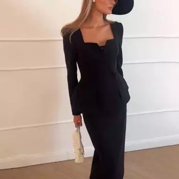 2 шт./комплект женский пальто юбка костюм квадратный вырез двубортный однотонный топ с длинным рукавом облегающая юбка выпускной деловой офисный наряд L чёрный