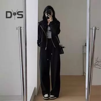 2 шт./комплект женский пиджак брюки костюм с капюшоном молния длинный рукав толстая плюшевая подкладка куртка эластичный пояс затягивающийся шнурок широкие карманы брюки зима M хаки