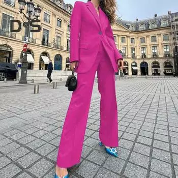 2 шт./комплект женский пиджак брюки костюм однотонный лацкан формальный деловой стиль длинный рукав одна пуговица широкие прямые брюки офис леди пальто брюки S розы красного
