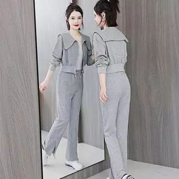 2 шт./комплект женский пиджак брюки костюм отложной воротник молния длинный рукав толстая куртка M серый