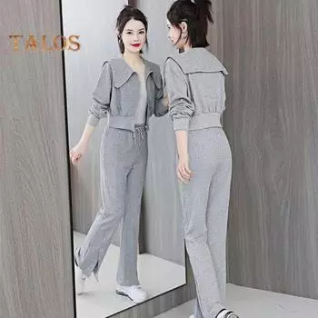 2 шт./комплект женский пиджак брюки костюм отложной воротник застежка-молния длинный рукав плотная куртка эластичный пояс широкие штанины карманы брюки зимняя спортивная одежда M чёрный