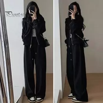 2 шт./комплект женский пиджак брюки костюм с капюшоном молния длинный рукав толстая плюшевая подкладка куртка эластичный пояс затягивающийся шнурок широкие карманы брюки зима M чёрный