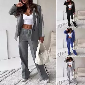 2 шт./комплект женский пиджак брюки костюм отложной воротник молния кулиска полосатая куртка кулиска эластичный XL синий