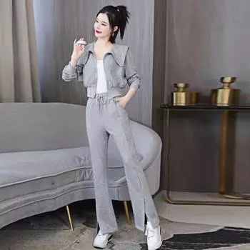 2 шт./комплект женский пиджак брюки костюм отложной воротник застежка-молния длинный рукав плотная куртка эластичный пояс широкие штанины карманы брюки зимняя спортивная одежда M серый