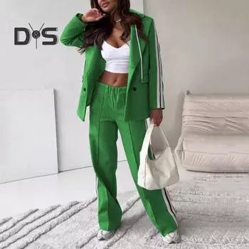 2 шт./комплект женский пиджак брюки костюм отложной воротник молния кулиска полосатая куртка кулиска эластичный пояс широкие брюки зимний наряд для поездок на работу M чёрный