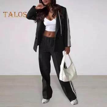2 шт./комплект женский пиджак брюки костюм отложной воротник молния кулиска полосатая куртка кулиска эластичный пояс широкие брюки зимний наряд для поездок на работу XXXL серый
