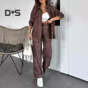 2 шт./комплект женский пиджак брюки костюм отложной воротник тай-дай однобортный длинный рукав куртка эластичный пояс широкие карманы брюки зимняя спортивная одежда S серый