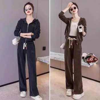 2 шт./комплект женский пиджак брюки костюм с капюшоном застежка-молния завязка длинный рукав куртка эластичный пояс широкие штанины карманы брюки зимний спортивный костюм M кофейный