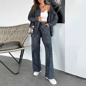 2 шт./комплект женский пиджак брюки костюм отложной воротник тай-дай однобортный длинный рукав куртка S серый