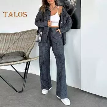 2 шт./комплект женский пиджак брюки костюм отложной воротник тай-дай однобортный длинный рукав куртка эластичный пояс широкие карманы брюки зимняя спортивная одежда S серый