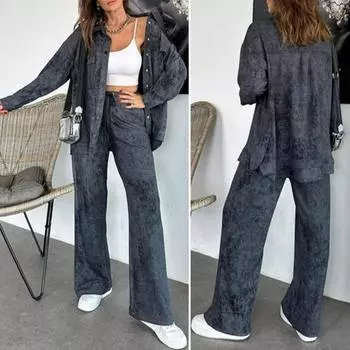 2 шт./комплект женский пиджак брюки костюм отложной воротник тай-дай однобортный длинный рукав куртка эластичный пояс широкие штанины карманы брюки S серый