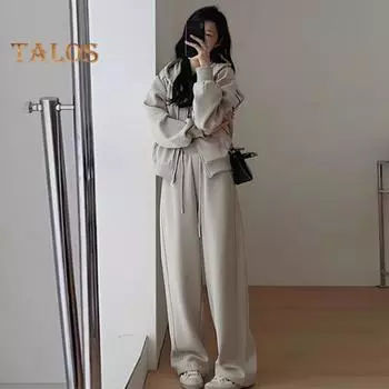 2 шт./комплект женский пиджак брюки костюм с капюшоном молния длинный рукав толстая плюшевая подкладка куртка эластичный пояс затягивающийся шнурок широкие карманы брюки зима M чёрный