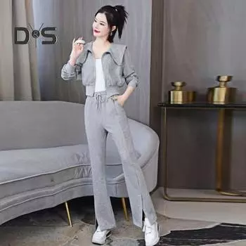 2 шт./комплект женский пиджак брюки костюм отложной воротник застежка-молния длинный рукав плотная куртка эластичный пояс широкие штанины карманы брюки зимняя спортивная одежда M чёрный