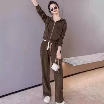 2 шт./комплект женский пиджак брюки костюм с капюшоном застежка-молния завязка длинный рукав куртка эластичный пояс широкие штанины карманы брюки зимний спортивный костюм M кофейный