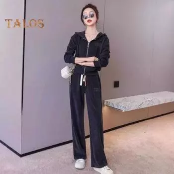 2 шт./комплект женский пиджак брюки костюм с капюшоном застежка-молния завязка длинный рукав куртка эластичный пояс широкие штанины карманы брюки зимний спортивный костюм M серый