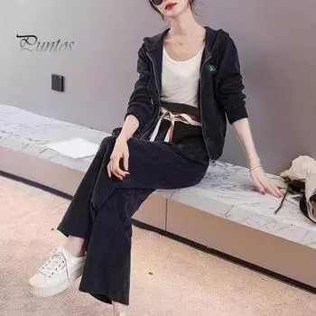 2 шт./комплект женский пиджак брюки костюм с капюшоном застежка-молния завязка длинный рукав куртка эластичный пояс широкие штанины карманы брюки зимний спортивный костюм M кофейный