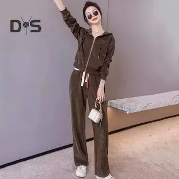 2 шт./комплект женский пиджак брюки костюм с капюшоном застежка-молния завязка длинный рукав куртка эластичный пояс широкие штанины карманы брюки зимний спортивный костюм M кофейный