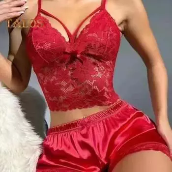 2 шт./комплект женский пижамный комплект ажурный кружевной V-образный вырез без рукавов укороченный топ с высокой талией атласные шорты домашний отпуск День святого Валентина годовщина S вино красного