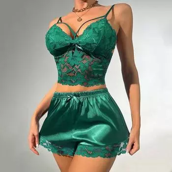 2 шт./комплект женский пижамный комплект ажурный кружевной V-образный вырез без рукавов укороченный топ с высокой талией атласные шорты домашний отпуск День святого Валентина годовщина S