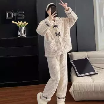 2 шт./комплект женский пижамный комплект с лацканами длинный рукав бант декор топы длинные брюки комплект геометрические полосы утолщенный плюш домашняя одежда M бежевый