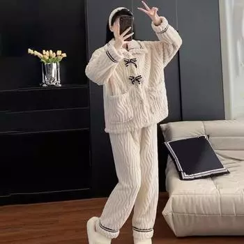 2 шт./комплект женский пижамный комплект с лацканами длинный рукав бант декор топы длинные брюки комплект геометрические полосы утолщенный плюш домашняя одежда M бежевый