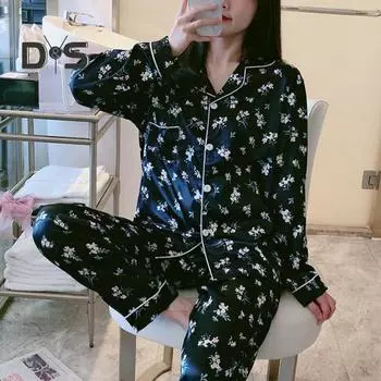 2 шт./комплект женский пижамный комплект весна-лето цветочный принт шелковистый лацкан длинный рукав свободный однобортный широкий брюки домашняя одежда рубашка брюки комплект одежда для сна S темно-зеленого