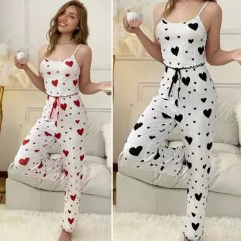 2 шт./комплект женский пижамный костюм без рукавов спинка сборка топ сердечко принт эластичный S красный