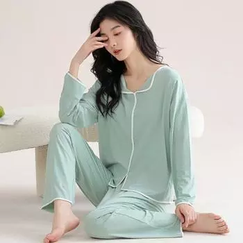 2 шт./комплект женский пижамный костюм с нагрудными накладками длинные рукава свободный однотонный XXL серый