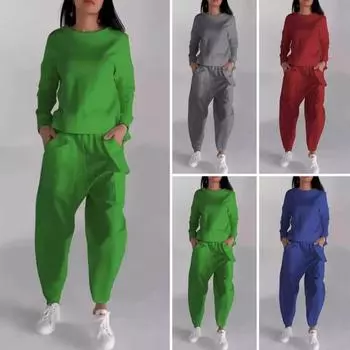 2 шт./комплект женский плюс размер топ брюки комплект круглый вырез длинный рукав однотонная футболка эластичный пояс карманы свободные брюки спортивный костюм осенний спортивный костюм