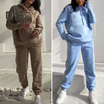 2 шт./комплект женский повседневный комплект из толстовки с капюшоном и брюками плотный однотонный длинный рукав теплый на завязках эластичный пояс плюшевый пуловер с карманами женский осень зима L верблюд