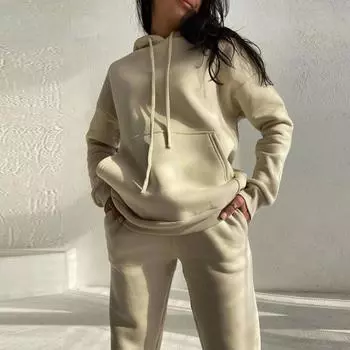 2 шт./комплект женский повседневный комплект из толстовки с капюшоном и брюками плотный однотонный длинный рукав теплый на завязках эластичный пояс плюшевый пуловер с карманом XL абрикосовый
