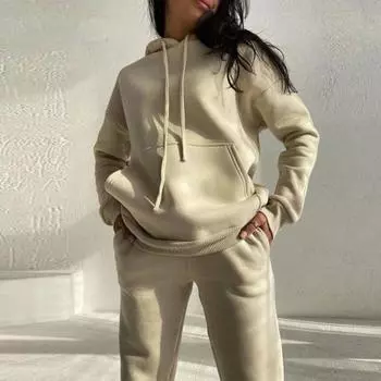 2 шт./комплект женский повседневный комплект толстовка с капюшоном брюки комплект плотный однотонный длинный рукав теплый затягивающийся шнурок эластичный пояс плюшевый пуловер карманы женский осенне-зимний топ 2XL серый