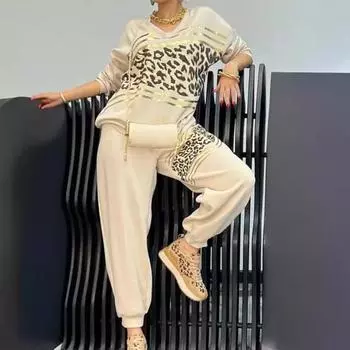 2 шт./комплект женский повседневный комплект топ брюки комплект V-образный вырез длинные рукава бронзовый леопардовый принт толстовка эластичный пояс спортивные штаны спортивный наряд L розовый