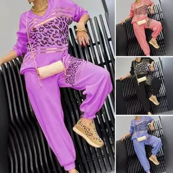 2 шт./комплект женский повседневный комплект топ брюки комплект V-образный вырез длинные рукава бронзовый леопардовый принт толстовка эластичный пояс спортивные штаны спортивный наряд осень M синий