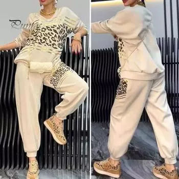 2 шт./комплект женский повседневный комплект топ брюки комплект V-образный вырез длинные рукава бронзовый леопардовый принт толстовка эластичный пояс спортивные штаны спортивный наряд осень M фиолетовый