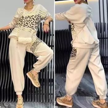2 шт./комплект женский повседневный комплект топ брюки комплект V-образный вырез длинные рукава бронзовый леопардовый принт толстовка эластичный пояс спортивные штаны спортивный наряд L розовый