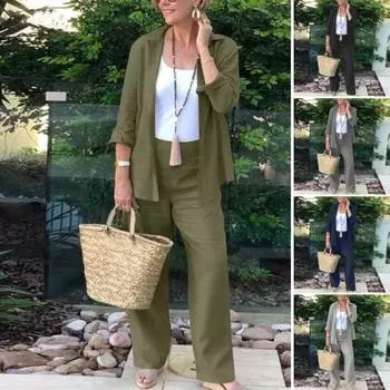 2 шт./комплект женский повседневный наряд лацкан длинный рукав застежка на пуговицы рубашка высокая талия прямые широкие длинные брюки комплект повседневная одежда XL серебряный серый