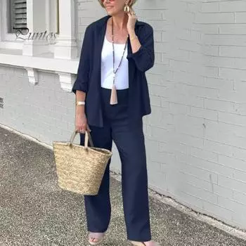 2 шт./комплект женский повседневный наряд лацкан длинный рукав застежка на пуговицы рубашка высокая талия прямые широкие длинные брюки комплект повседневная одежда XL темно-серого