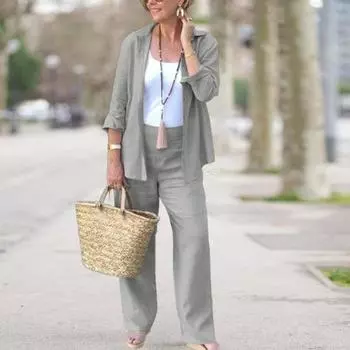 2 шт./комплект женский повседневный наряд лацкан длинный рукав застежка на пуговицы рубашка высокая талия прямые широкие длинные брюки комплект повседневная одежда XL темно-синий