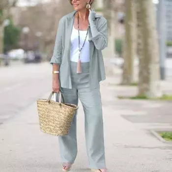 2 шт./комплект женский повседневный наряд лацкан длинный рукав застежка на пуговицы рубашка высокая талия прямые широкие длинные брюки комплект повседневная одежда XL чёрный