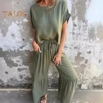 2 шт./комплект женский повседневный наряд О-образный вырез короткий рукав пуловер топы эластичный пояс регулируемые шнурки оборки прошитые манжеты брюки комплект однотонный наряд M оранжевый