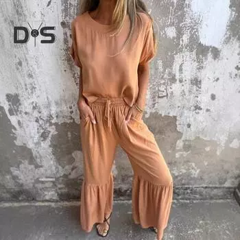 2 шт./комплект женский повседневный наряд О-образный вырез короткий рукав пуловер топы эластичный пояс регулируемые шнурки оборки прошитые манжеты брюки комплект однотонный наряд 2XL армия зеленый