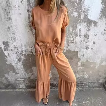 2 шт./комплект женский повседневный наряд О-образный вырез короткий рукав пуловер топы эластичный пояс регулируемые шнурки оборки прошитые манжеты брюки комплект однотонный наряд S армия зеленый