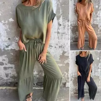 2 шт./комплект женский повседневный наряд О-образный вырез короткий рукав пуловер топы эластичный пояс регулируемые шнурки оборки прошитые манжеты брюки комплект однотонный наряд 3XL армия зеленый