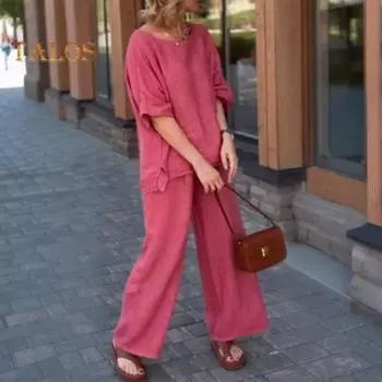 2 шт./комплект женский повседневный наряд с круглым вырезом и длинными рукавами топы с эластичной талией широкие длинные брюки комплект однотонная домашняя одежда 3XL зелёный